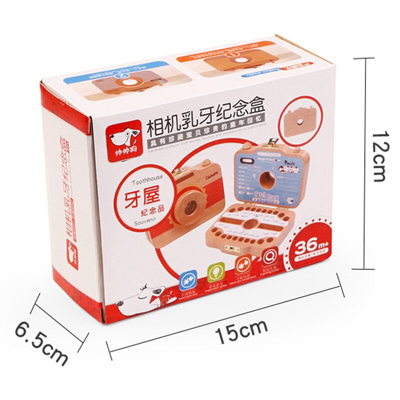 Caja de dientes con forma de cámara para niños, organizador de madera para guardar dientes de leche, gran