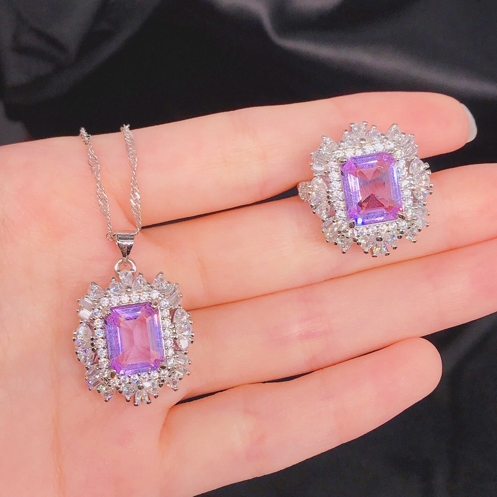 RUZZALLATI Drsign Rectangle Pink 6ct Tanzanite Rings fpr Women Silver Color Wedding Bridal Ring Necklace Jewelry Set: 1 Set