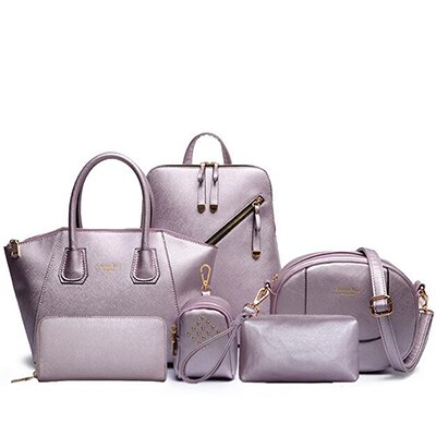 6 sæt læderhåndtasker kvinder kontortaske sammensat taske kvinder skuldertaske håndtaske + dagskoblinger + tegnebog: Sølv