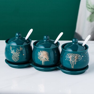 Green Color Forest Ocean Style Sugar Bowl Home Kitchen Set Ceramica Salt Condiment Pot Jars: Design 2