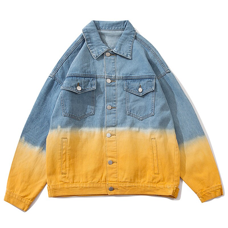 Gradient blå denim jakker streetwear vasket hiphop efterår mænd vintage punk rock farve blok mandlig knap oversize jakke: L