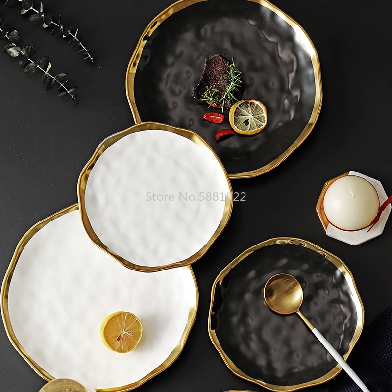 Ceramic Dinner Plate Gold Inlay Snack Dishes Luxury Gold Edges Plate Dinnerware Kitchen Plate Black White Tray TablEware Set