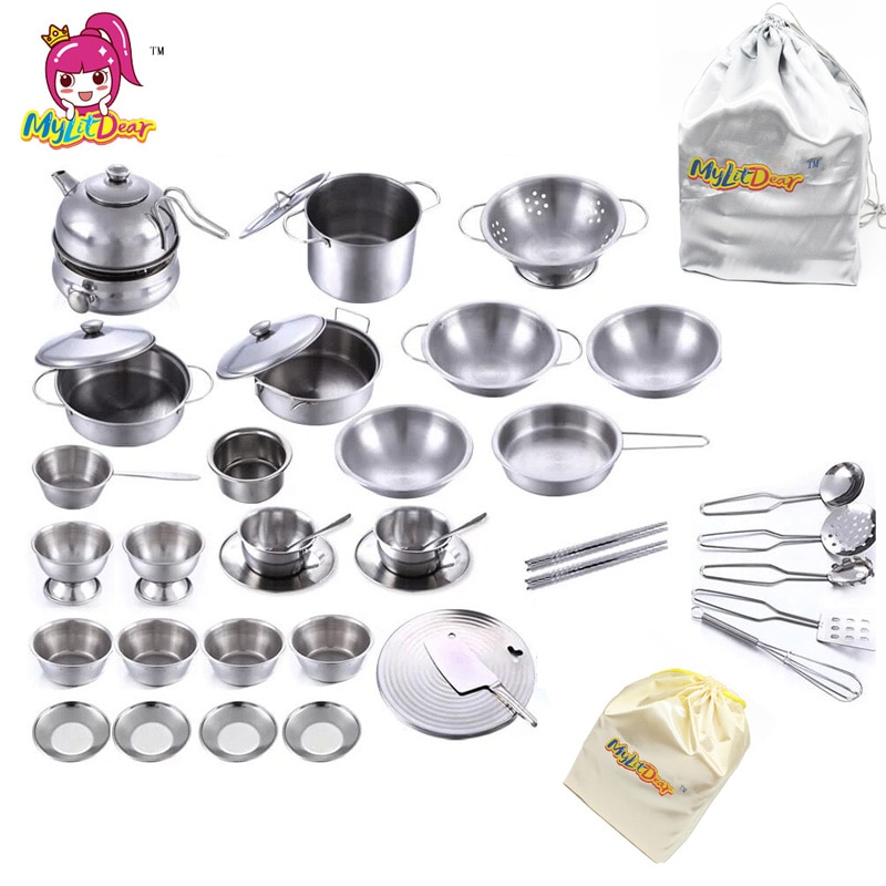 40 pz in Acciaio Inox Da Cucina Utensili Da Cucina Pentole Padelle di Cibo Regalo mini Cucina cucinare Strumenti Casa del Gioco di Simulazione Giocattoli Regalo borsa