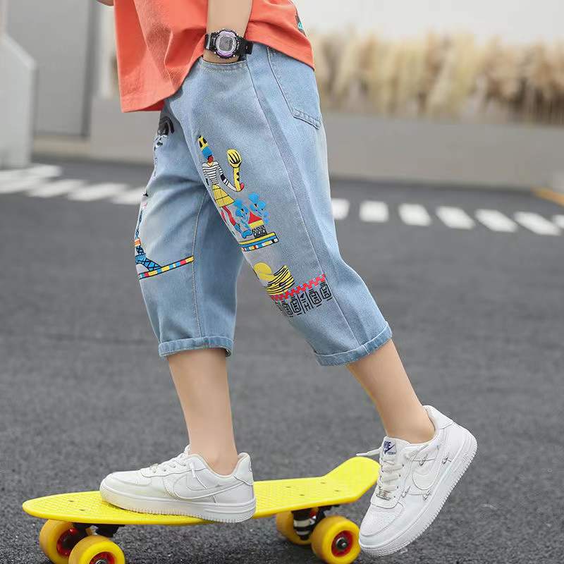 Short en Jean pour garçon et adolescent, Short d&#39;été en coton imprimé, décontracté, de 100 à 160cm