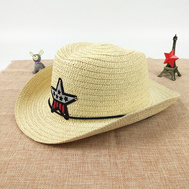 Sombrero de vaquero para niños Sombrero de Paja de verano sombrero de sol con parche de estrella de cinco puntas para niños y niñas