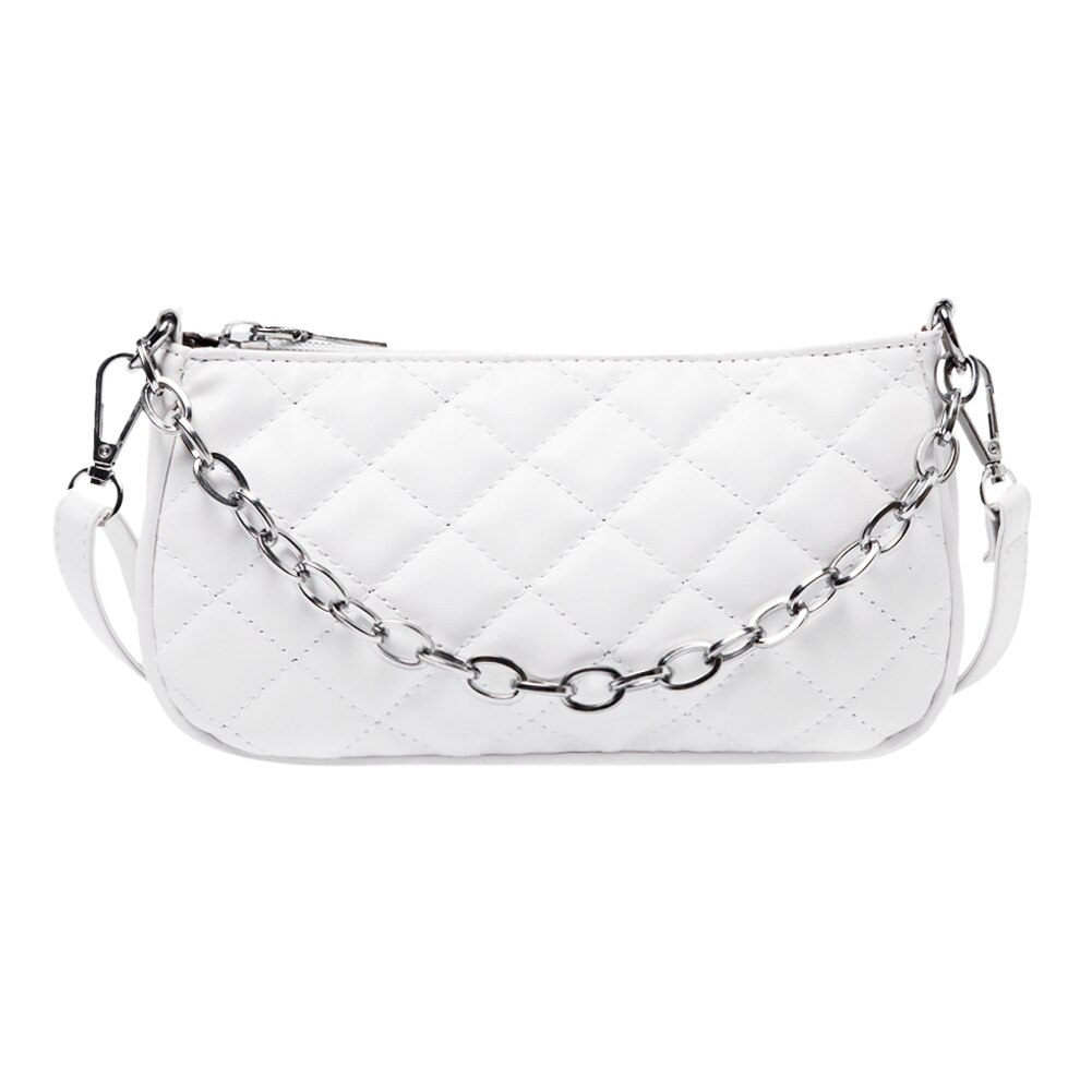 Vrouwen Keten Kleine Schouder Vrouwelijke Onderarm Handtas Pure Pu Lederen Crossbody Tas Populaire Eenvoudige Vrouwelijke Dagelijkse Tas: WHITE