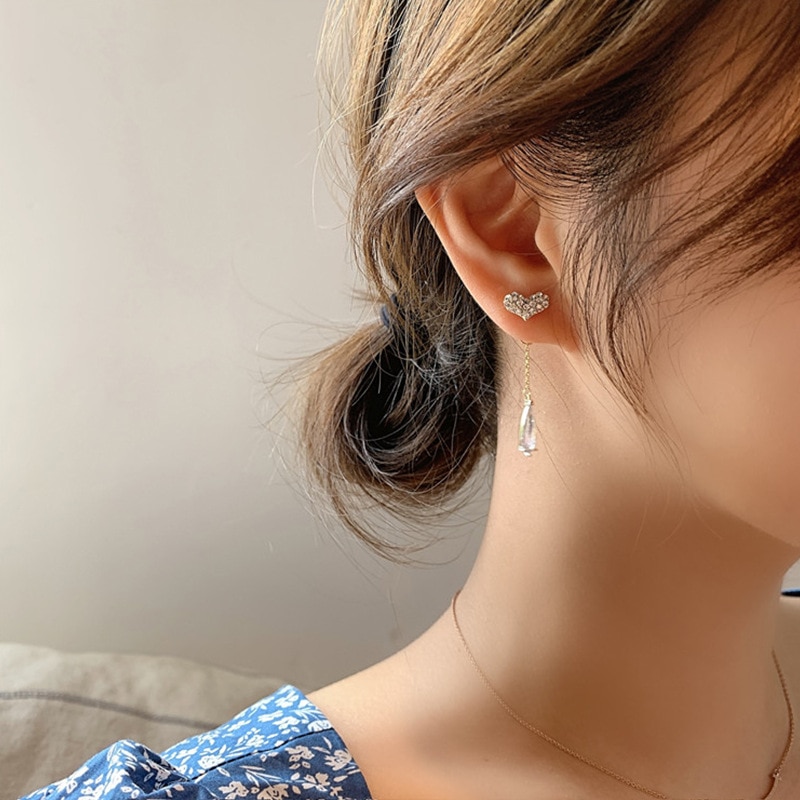 neue modisch Liebe Strass Lange Baumeln Ohrringe Für Frauen Temperament Wasser Tropfen Kristall Anhänger Schmuck