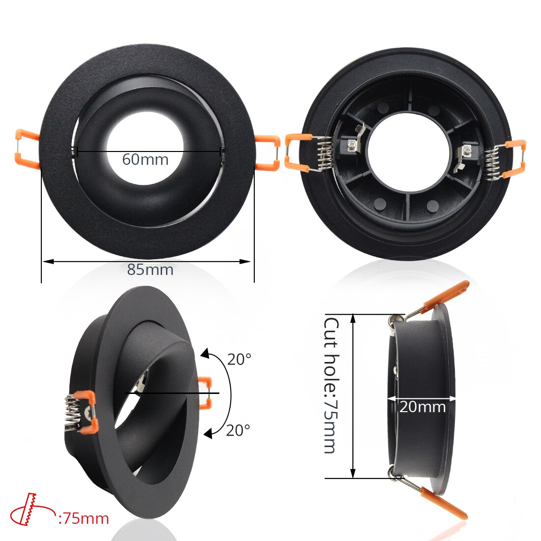 LEDIARY Zwart LED Downlighters GU5.3 GU10 Fitting 90-265V Verzonken Plafond Spot Lamp Frame Bulb Verwisselbare 75MM 90MM Cut Gat: Type 6 Round 84MM / GU10 Without Bulb