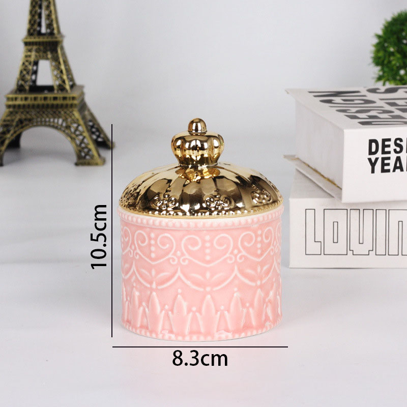 European Ceramic Storage Jar Gold Plated Decorative Bedroom Jewelry Container Relief Necklace Organizer Home Decoration: D