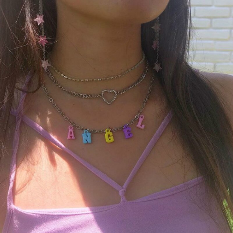 Women ANGEL Letter Charm Choker Necklace Boho Colourful Chain Collares Clavicle Chain Alphabet Pendants Collares Jewelry