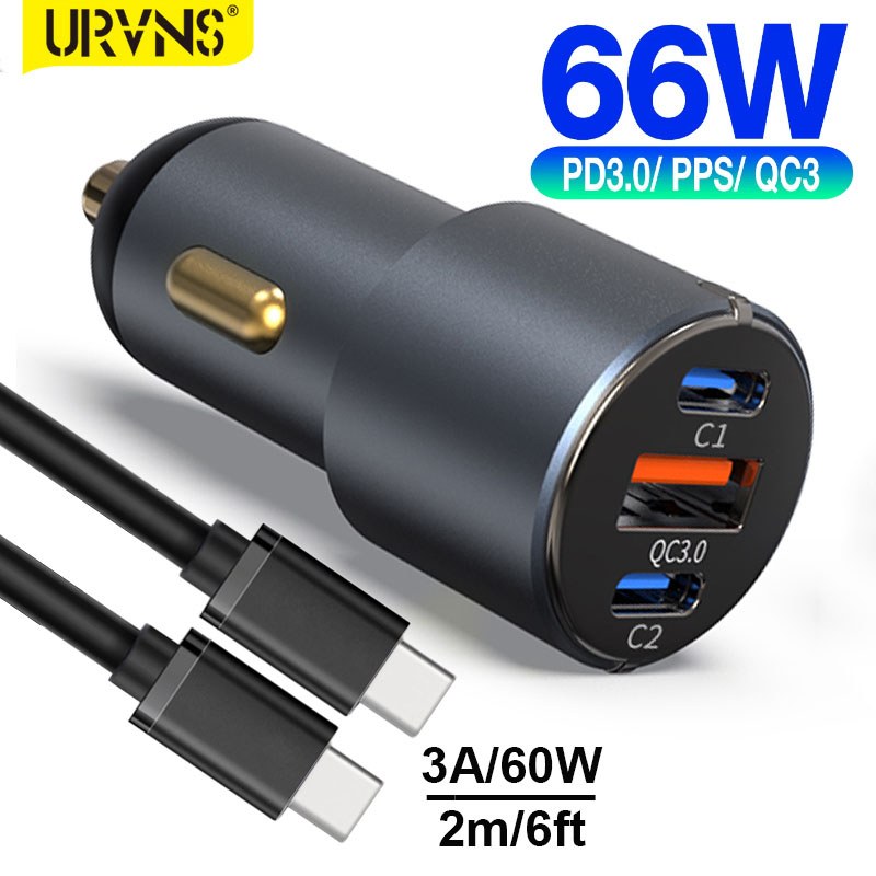 URVNS 66W USB C Auto Ladegerät, 33W PPS / 30W PD/ QC 3,0 Schnelle Ladung USB Ladegerät Für iPhone 13/13 Profi Max, iPad Mini/Profi, Samsung: 66W Ladegerät - Kabel