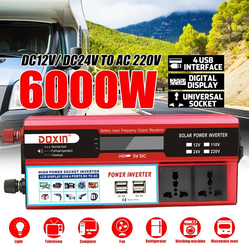 6000W 4 USB Solar Power Inverter DC12/24V to AC 220V Multi-socket Car Inverter Power Supply Car Adapter Charge Converter