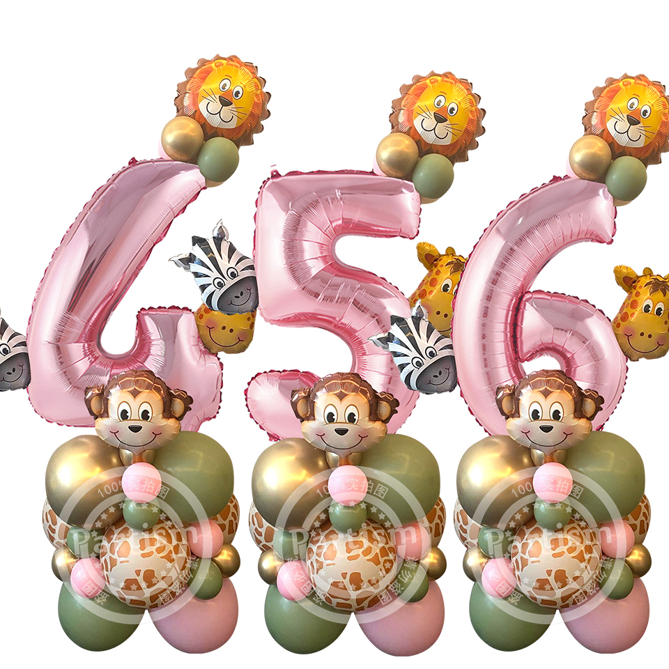 31 pezzi di cartone animale selvatico torre di palloncini da 32 pollici rosa numero palloncino Foglio per decorazioni per feste di compleanno a tema selvaggio uno da ragazza