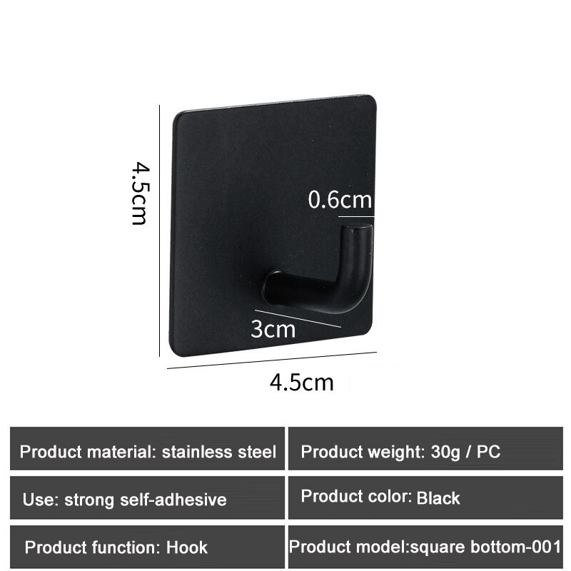 1PC SUS304 Robe Hooks Strong Self Adhesive Bathroom Stainless Steel Hook Wall Hangers Coat Towel Rustproof Hooks Kitchen Hardwar: Square Black 001