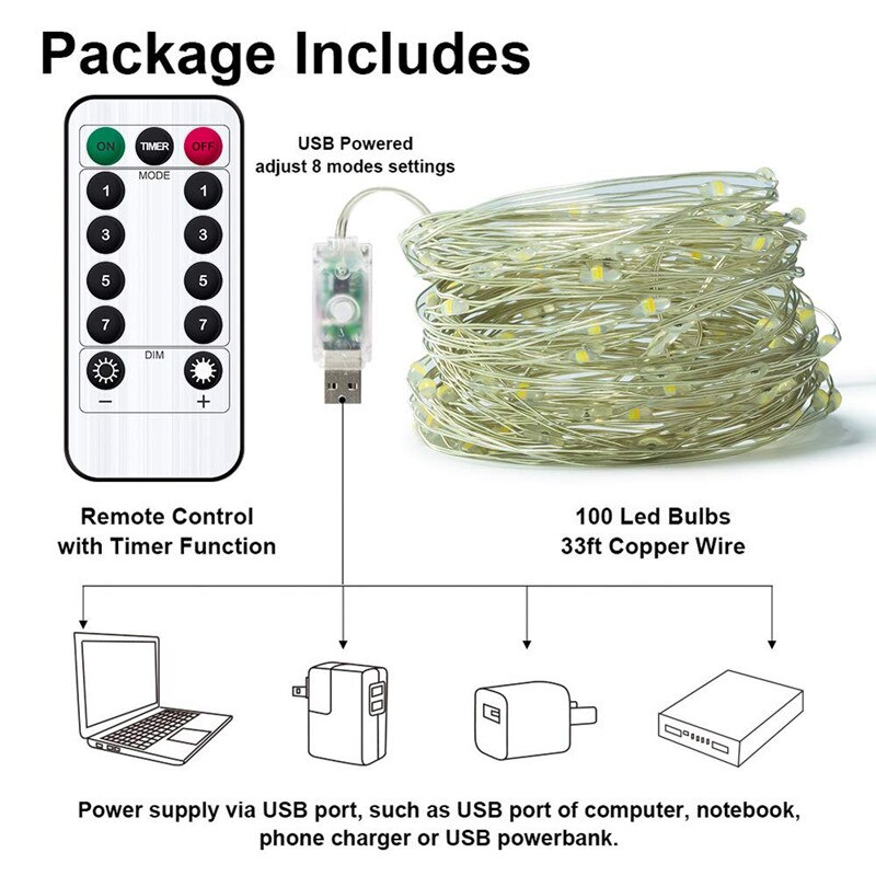 Led fejulljus 2m 5m 10m varmvit kransslinga ljus bröllopsfest utomhus 3aa batteri usb 8 lägeslampa