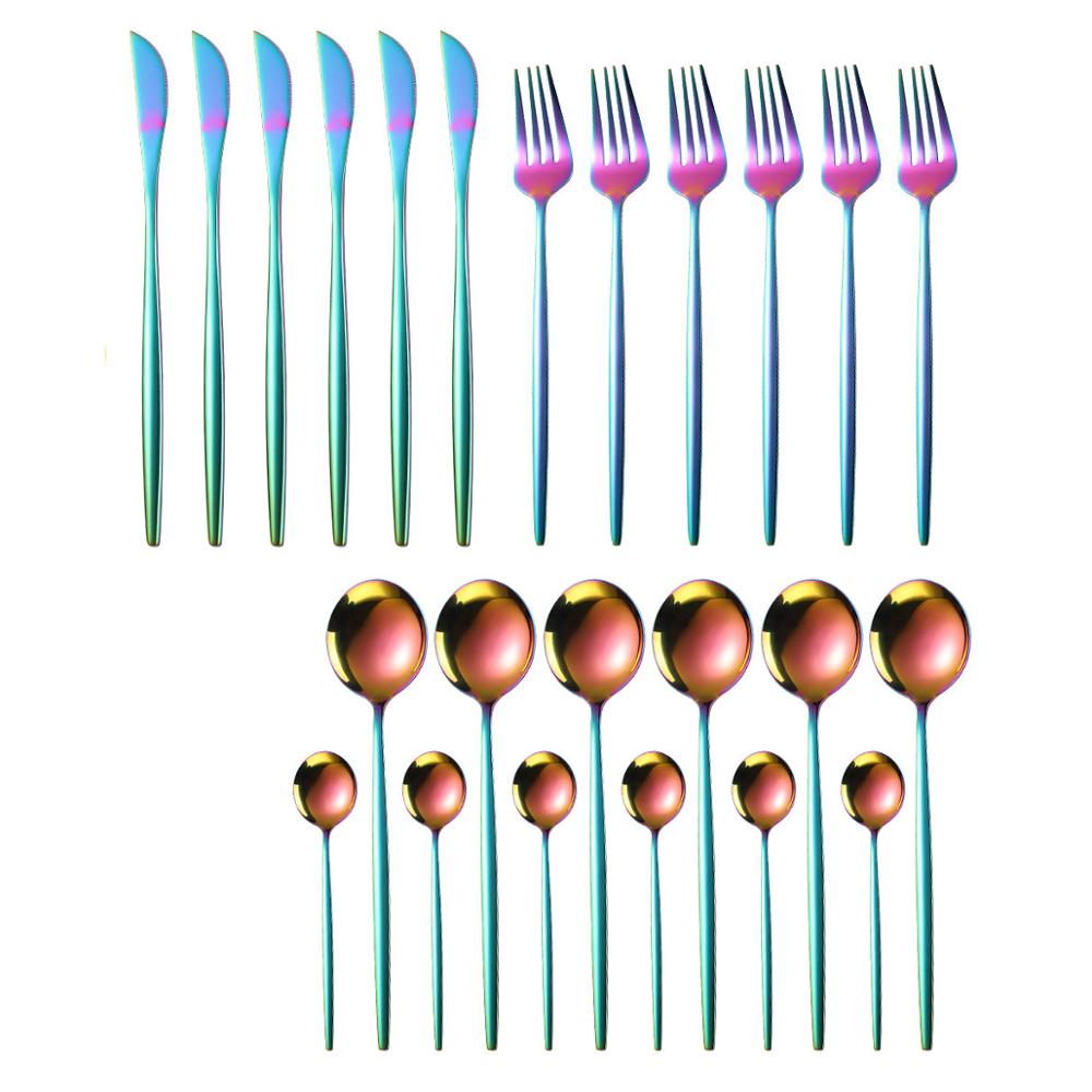 24Pcs Cutlery Set Kitchen Tools Gold Dinnerware Set Stainless Steel Knife Fork Spoon Tableware Set Home Table Decoration Gold: Rainbow-24PCS