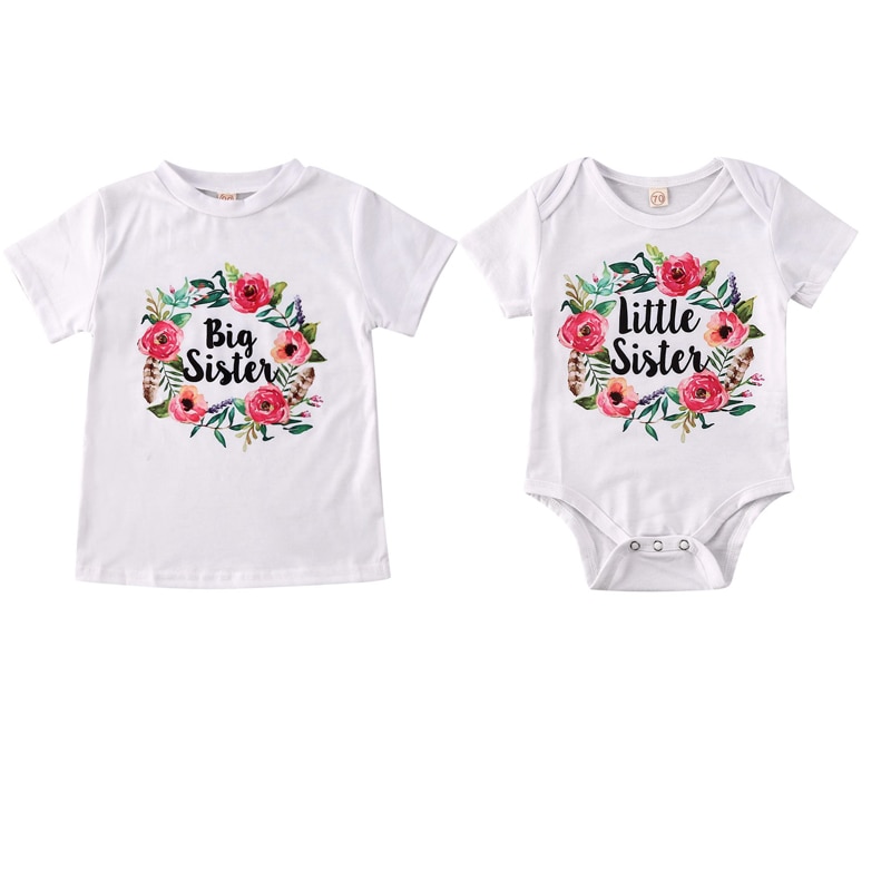 Grote zus bijpassende top t-shirt kind baby meisje jongens kleding bloemen letter print korte mouw romper/t-shirts