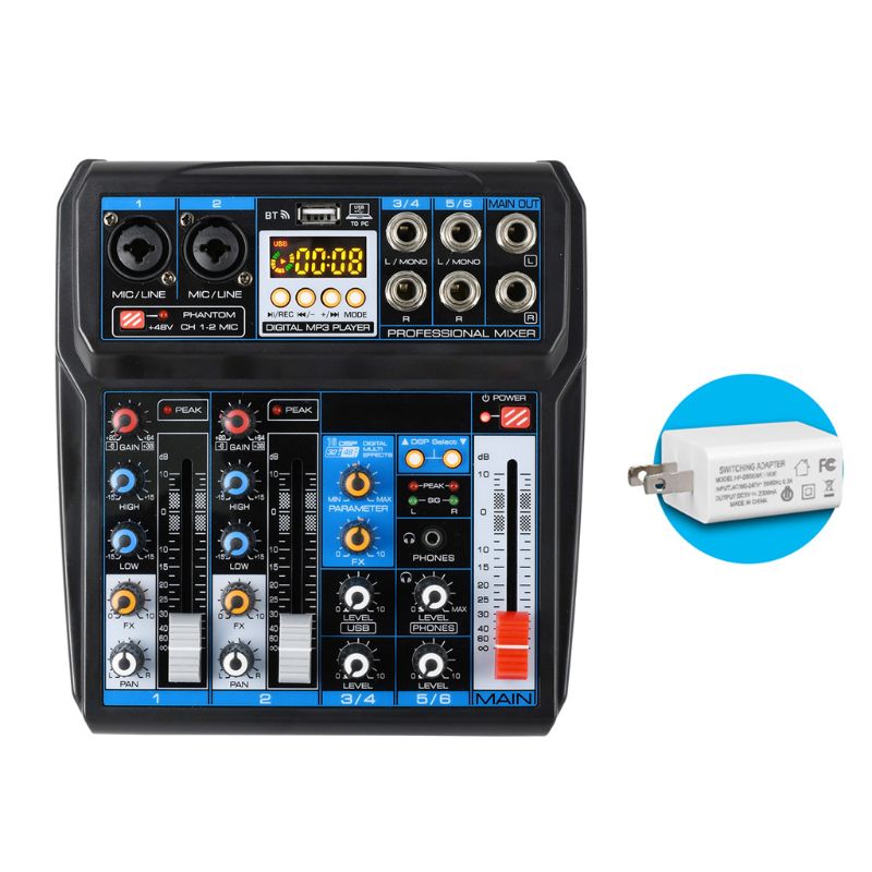 Mezclador de Audio de seis canales con interfaz USB, Bluetooth, consola de mezcla de sonido Phantom Power de 48V para grabación de DJ y PC: US