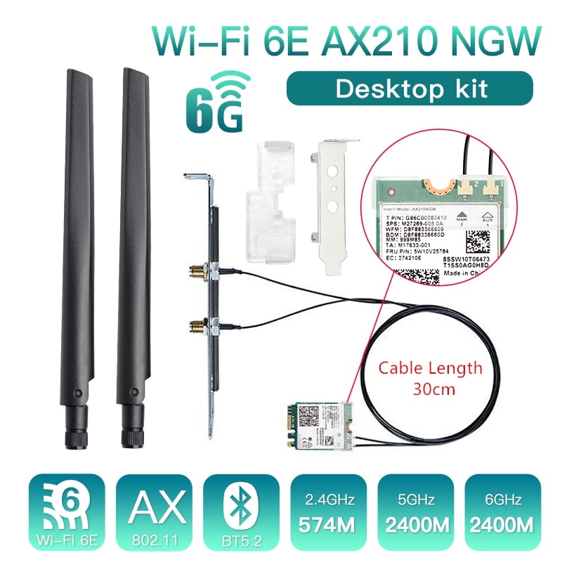 WiFi 6E Intel AX210 M.2 Karte Desktop Kit 3000Mbps 2,4G/5G/6Ghz Bluetooth 5,2 802,11 AX Drahtlose Netzwerk Adapter Antenne Windows10
