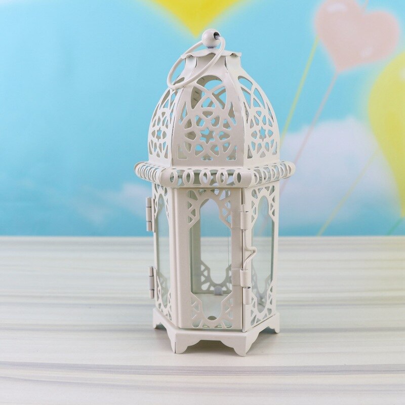 Portavelas marroquí Vintage a prueba de viento colgante vela linterna hierro vidrio candelabro votivo Decoración Para celebración de boda hogar 7*17cm: a