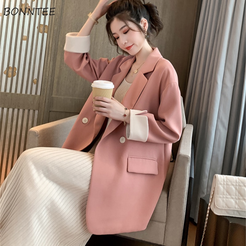 Blazer , col échancré pour femmes, Patchwork, style coréen, ample, pour femmes, bureau, , tendance, nouveauté décontracté