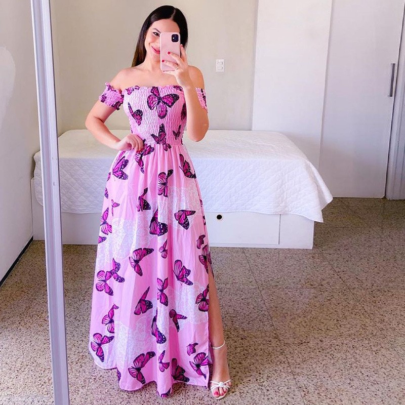 Moda feminina um ombro impresso split doce e elegante borboleta arco-íris vestido longo senhora vestidos flor sólido colorido