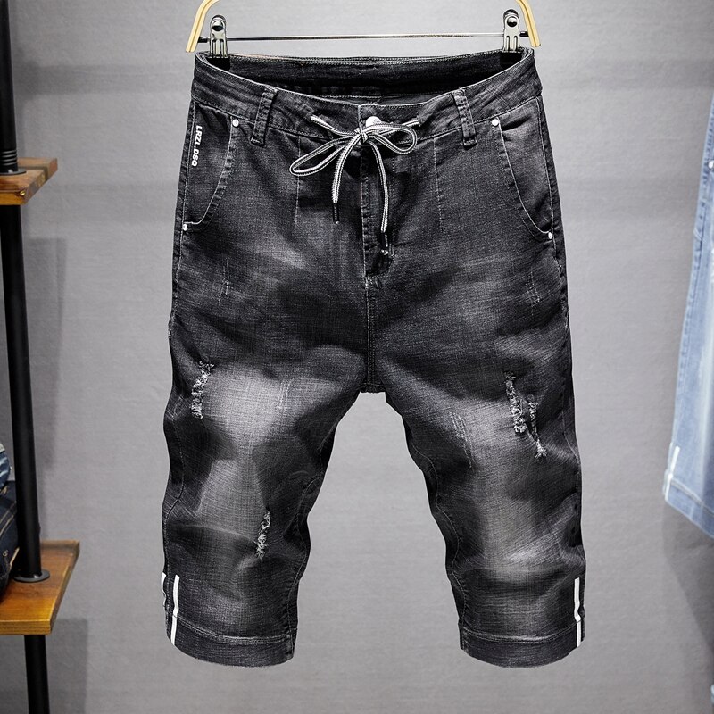 Herr slitna korta blå jeans kläder bermuda sommar bomullsshorts andas denim kalvlånga byxor man ,830: Svartgrå / 28