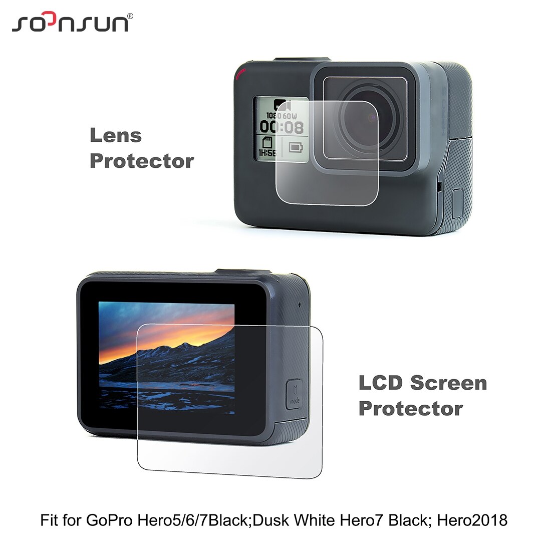 SOONSUN – Film de protection pour objectif et écran LCD, 4 pièces, avec capuchon pour objectif d&#39;appareil photo, pour GoPro Hero 7 6 5 Black Go Pro 7 argent/blanc