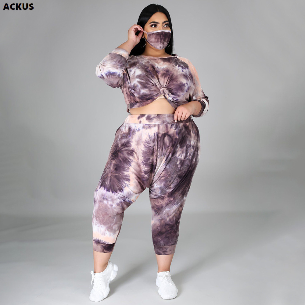 Ackus Vrouwen Plus Size Set Tie Dye Crop Tosp + Stretchy Broek Twee 2 Stuk Sets Mode Outfit Casual Trainingspak sweatsuit Herfst: Brown / L