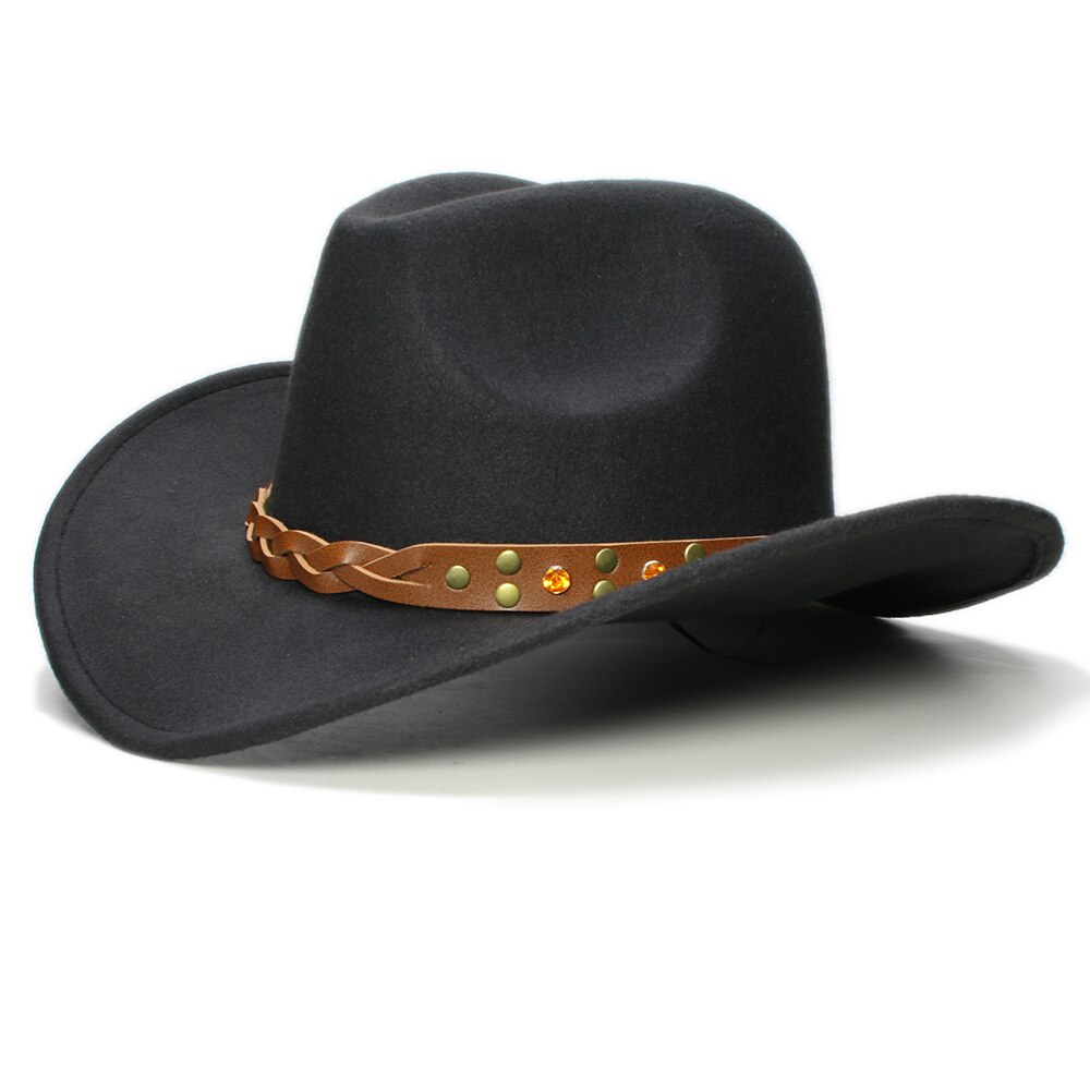 Retro Turquoise Yellow Crystal Band Parent-child Unisex /Kid Wool Wide Brim Cowboy Western Hat Cowgirl Bowler Cap (57cm/54cm): Black / Adult Size 57cm