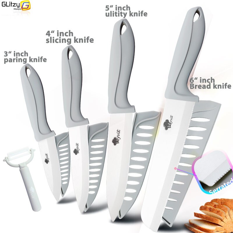 Ceramic Knife 3 4 5 6 inch Knives Kitchen Set White Blade Chef Utility Paring Vegetable Slicing Ceramic Knives With Peeler Set: 3456B GREY