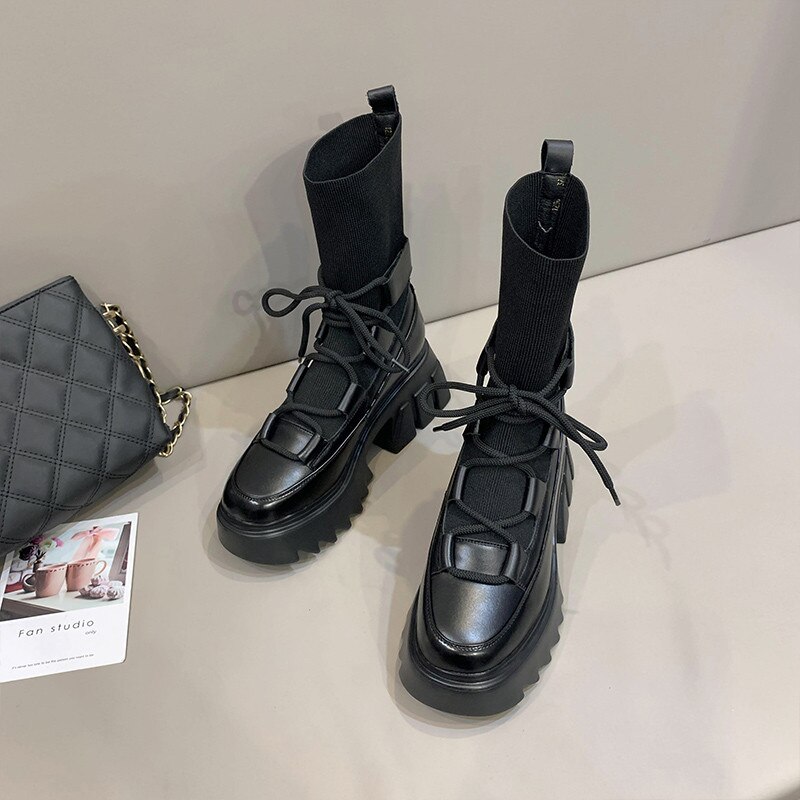 Laarzen dames casual stretch stof sokken laarzen kruisgestrikte damesschoenen platform laarzen: Zwart 1 / 35