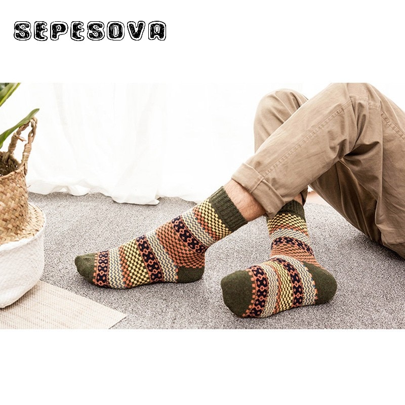 Mænd vintage etnisk tyk vinter varme lange sokker ternet stribet geometrisk ribsok ulden casual sox