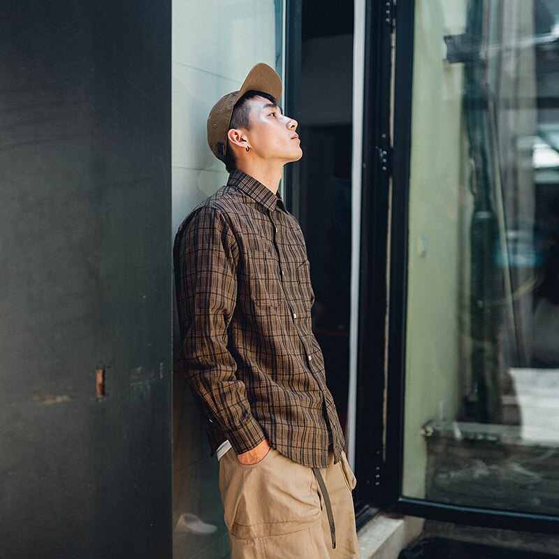 Japanse katoenen heren geruite overhemden met lange mouwen, retro trend, geruite overhemden, heren overhemd met zak, herfst, heren casual overhemden, 50