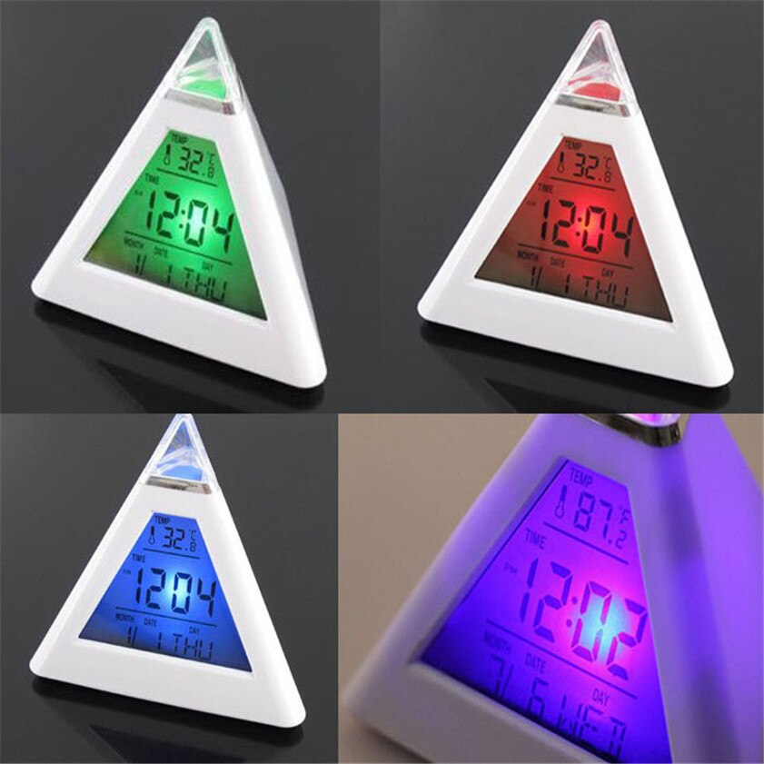 Digitale klok voor thuis, alarm, piramide, temperatuur, 7 kleuren, led, achtergrondverlichting, led-wekker