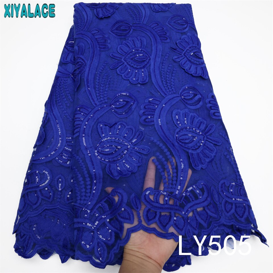 African French Net Lace Fabric Royal Blue Milk Silk Lace Fabric with Sequins Embroidered Nigerian Tissue Cord Lace Fabric LY505