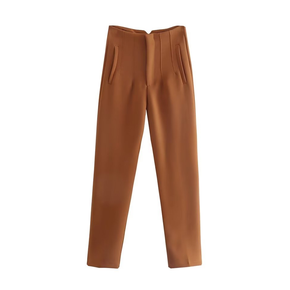 Trza damer chica med sömdetaljer kontorsbyxor vintage hög midja dragkedja gylf dambyxor med ankelrem: L / Guld-