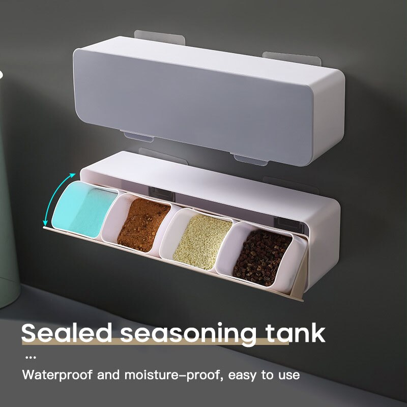 4 Squares Salt Box Spices Box Set Seasoning Container Case With Spoon Waterproof Space-saving Salt Organizer Kitchen Utensils