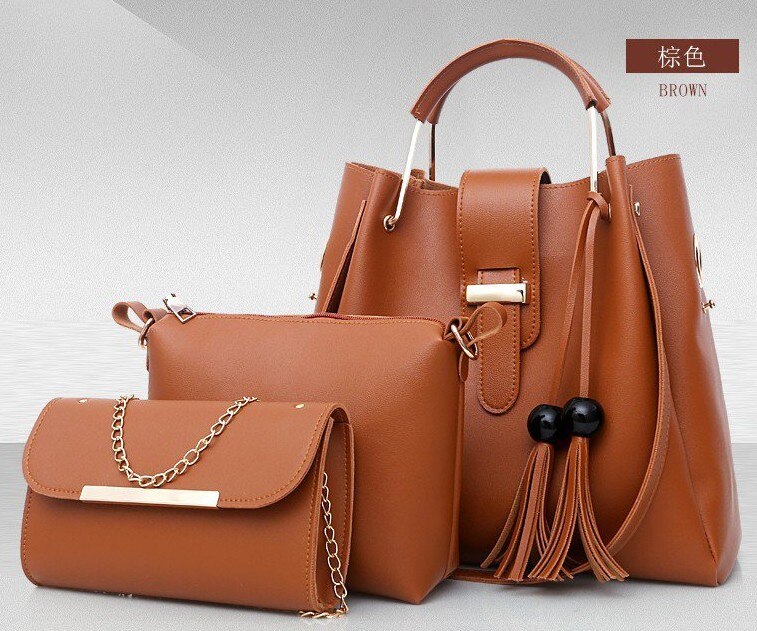 Three-piece Set Bags PU Leather Composite Luxury Bag Tassel Shoulder Messenger Bag for Women Handbag: BROWN