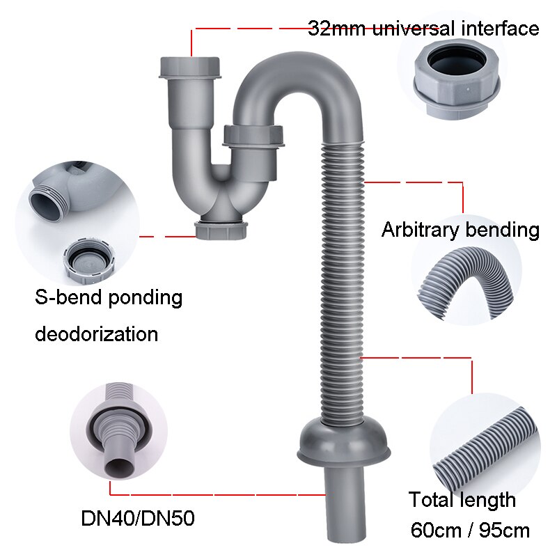 Abs Wastafel Afvoer Slang 32Mm Universele Flexibele Tubing Aanrecht S-Bocht Deodorant Downpipe Badkamer Sanitair Slang Accessoires