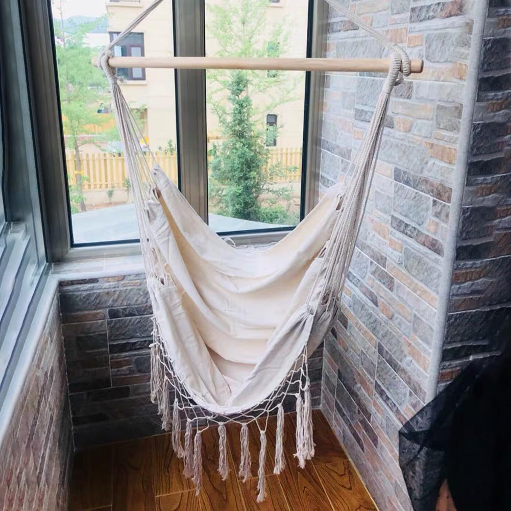 Kangas keinu riippumatto puuvilla köysi tupsu puu tuoli istuin patio ulkona sisäpiha puutarha makuuhuone turvallisuus riipputuoli