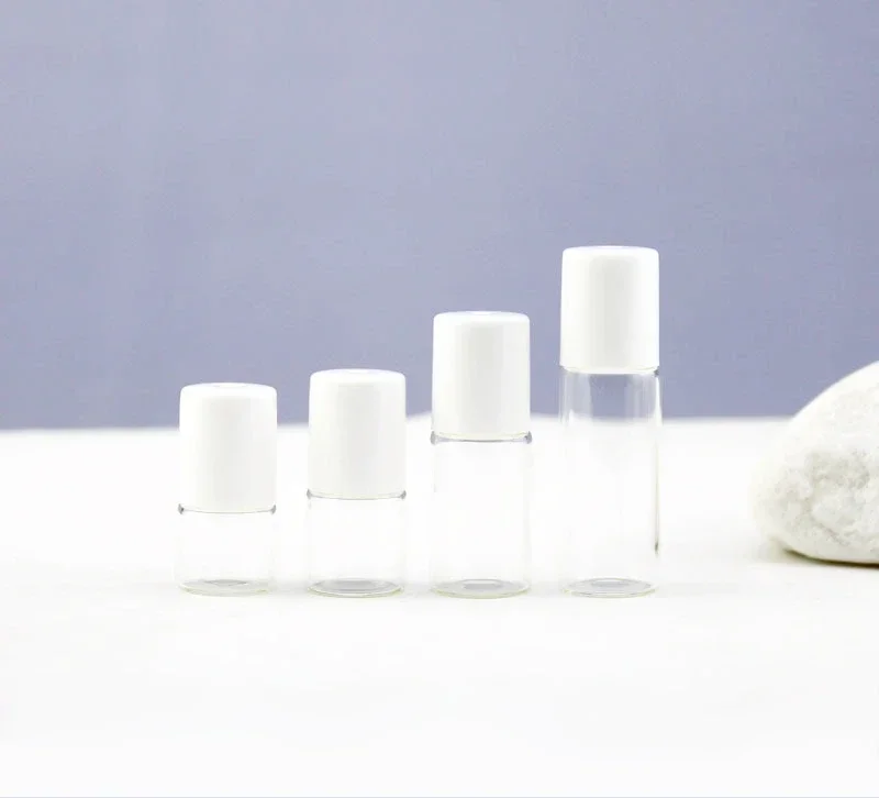 50 sztuk 1ML/2ML/3ML/5ML przezroczysta butelka szklana rolka butelka z kulką na olejku eterycznym czarne puste fiolki podróżna butelka perfum