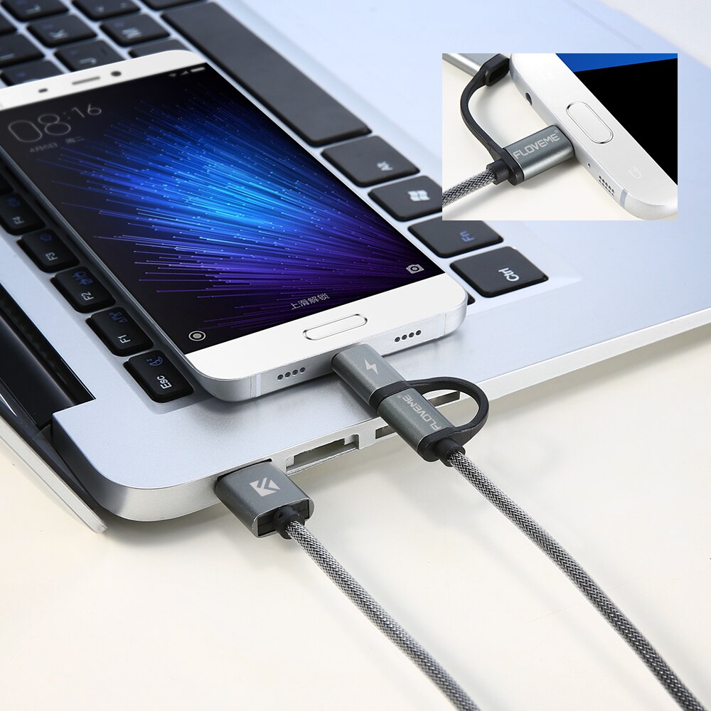 FLOVEME 2 w 1 MircoUSB + rodzaj-c kabel USB pleciony szybka ładowarka QC 3.0 USB-C telefon komórkowy kabel robić galaktyka S8 Xiaomi Smartphone