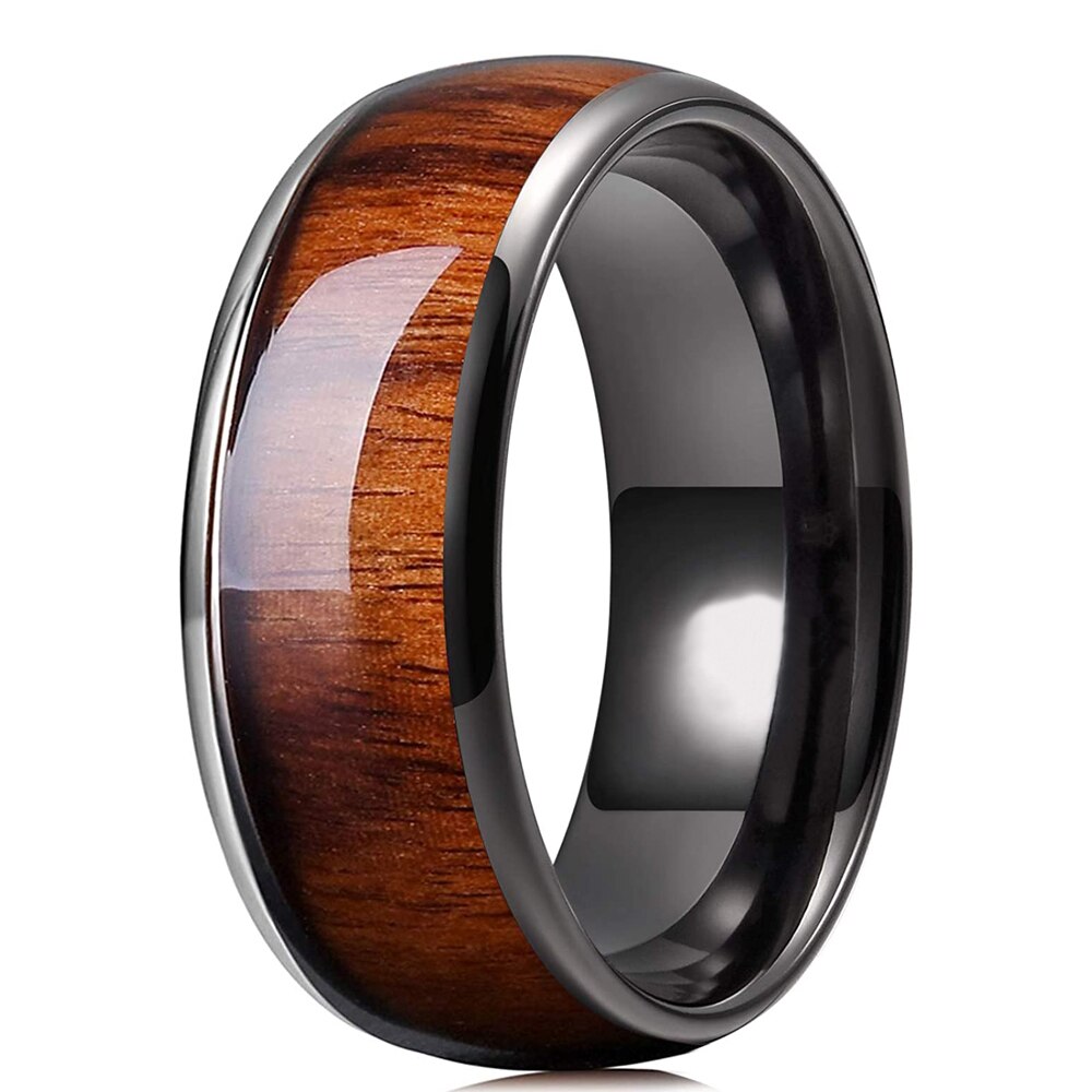 Trendy 8mm Men&#39;s Black Stainless Steel Ring Koa Wood Inlay Dome Engagement Ring For Men Wedding Band Jewelry Size 6-13