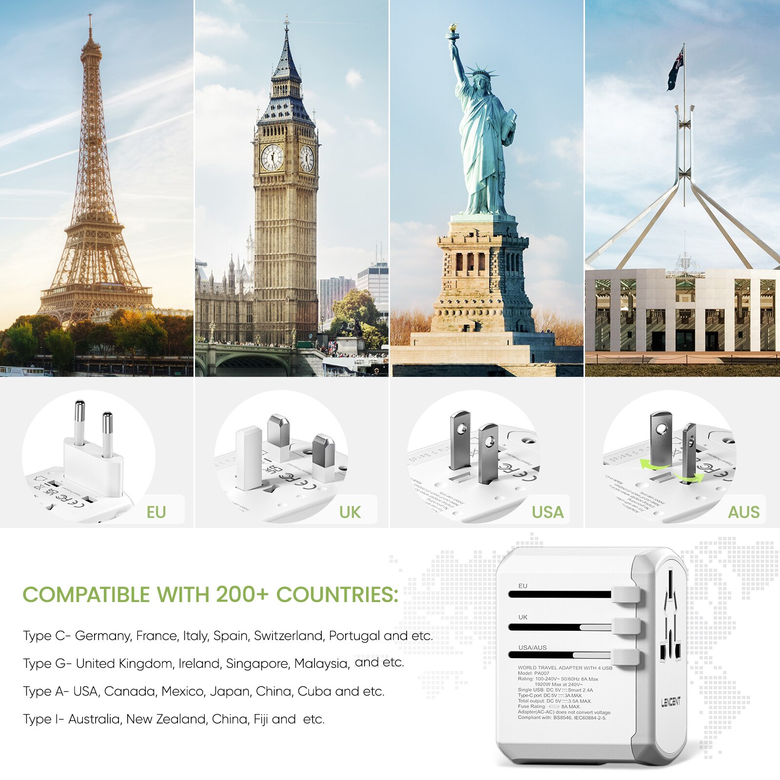 LENCENT Universal-Reiseadapter mit 3 USB-Anschlüssen und 1 Typ-C-Wandladegerät, All-in-One-Reiseladegerät für US-, EU-, UK- und AUS-Reisen