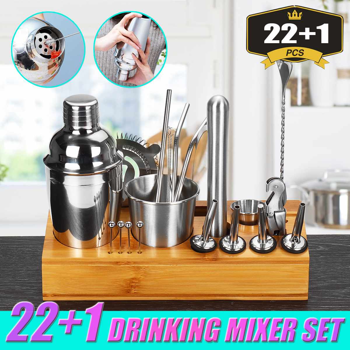 Barware Cocktail Shaker Bar Set cocktail making kit with Wooden Shelf Stainless Steel Bartender Tools Bar Muddler Mixer Maker