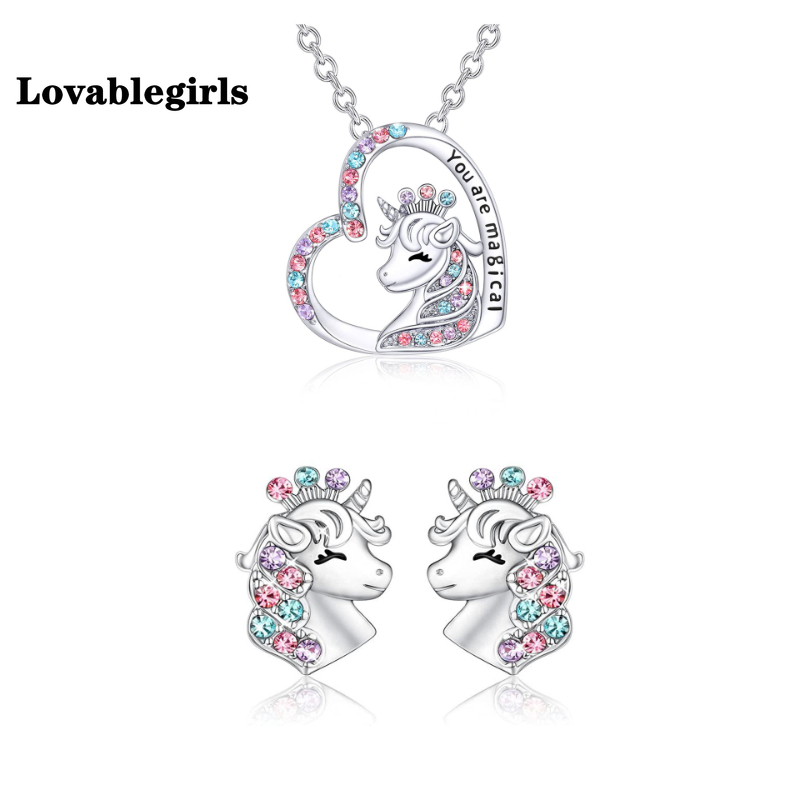 Enhjørning zirkon barn halskjede barn øredobber sett søt personlighet barn tilbehør: Default Title