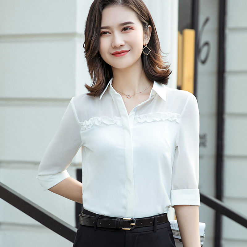 Half Sleeve Shirt Women Chiffon Summer Temperament Formal Blouses Office Ladies Plus Size Work Tops: XL / White