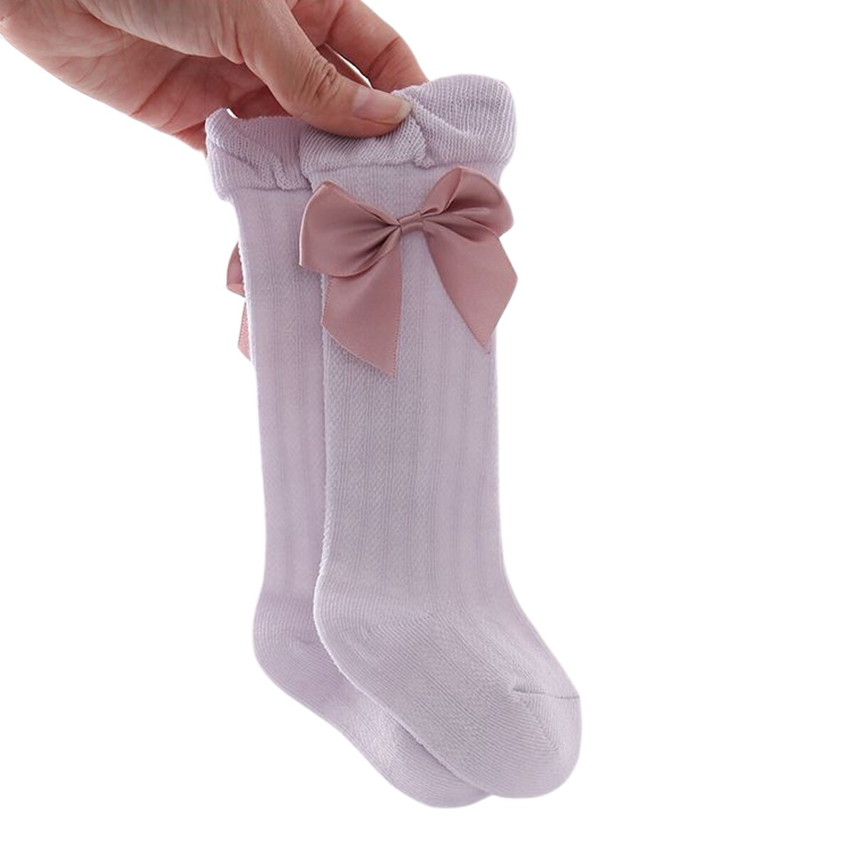 Babysokjes met strik, katoenen sokken, ademend, lange, warme sokken voor meisjes van 0-3 jaar, winter: Paars  / 0 to 6 maanden
