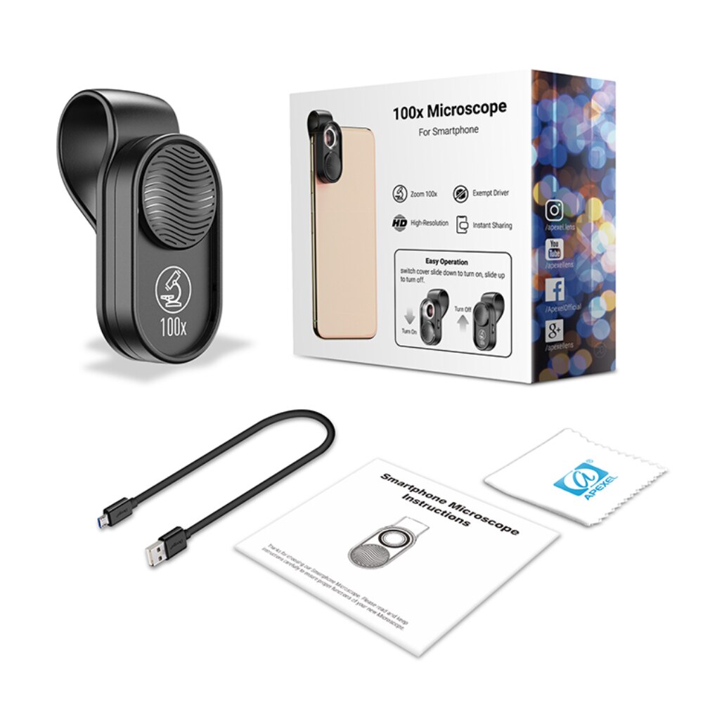 Apexel 100X Microscoop Camera Lens Voor Universal Smartphone Met Led Licht Hoge Vergroting Glas Macro Lens Zoom Camera Clip